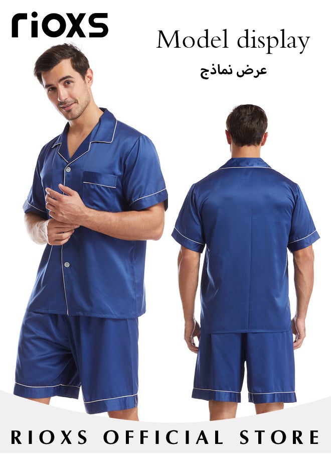 RIOXS Men's 2 Pieces Nightwear Suit Cool Ice Silk Short Sleeve Pajamas V Neck Buttons Tops & Loose Straight Leg Shorts Teen Casual Cardigan Homewear  - Image 5