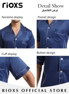 RIOXS Men's 2 Pieces Nightwear Suit Cool Ice Silk Short Sleeve Pajamas V Neck Buttons Tops & Loose Straight Leg Shorts Teen Casual Cardigan Homewear  - Image 4