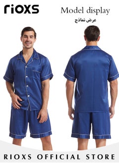 RIOXS Men's 2 Pieces Nightwear Suit Cool Ice Silk Short Sleeve Pajamas V Neck Buttons Tops & Loose Straight Leg Shorts Teen Casual Cardigan Homewear  - Image 3