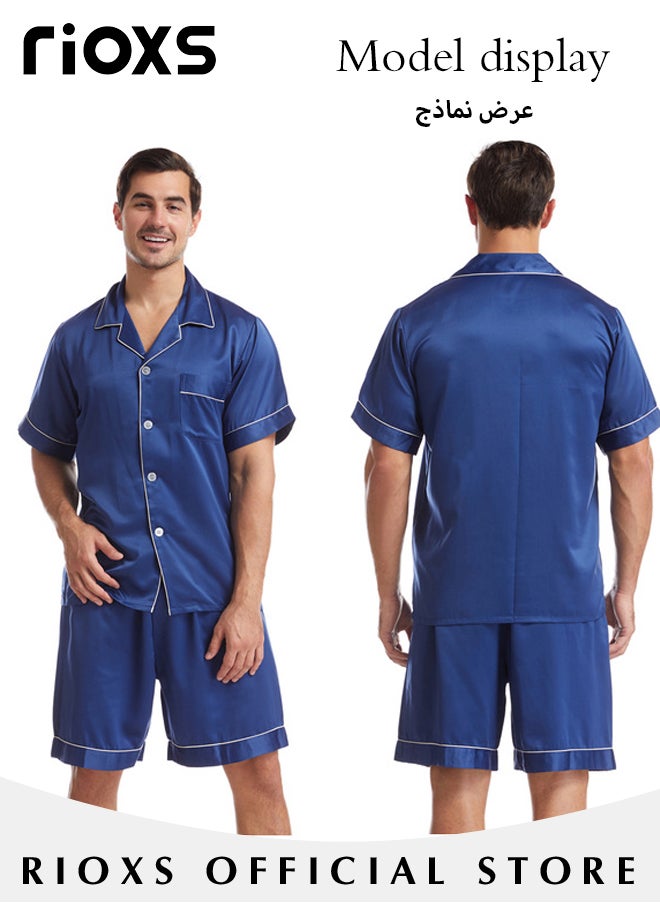 RIOXS Men's 2 Pieces Nightwear Suit Cool Ice Silk Short Sleeve Pajamas V Neck Buttons Tops & Loose Straight Leg Shorts Teen Casual Cardigan Homewear  - Image 3