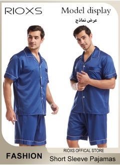RIOXS Men's 2 Pieces Nightwear Suit Cool Ice Silk Short Sleeve Pajamas V Neck Buttons Tops & Loose Straight Leg Shorts Teen Casual Cardigan Homewear  - Image 2