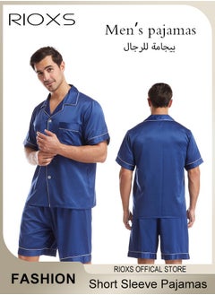 RIOXS Men's 2 Pieces Nightwear Suit Cool Ice Silk Short Sleeve Pajamas V Neck Buttons Tops & Loose Straight Leg Shorts Teen Casual Cardigan Homewear  - Image 1