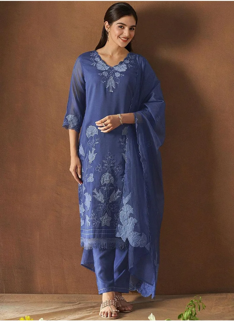 آي شين Women's Blue Organza Printed Tunic Full Length Casual Straight Fit Kurta Set