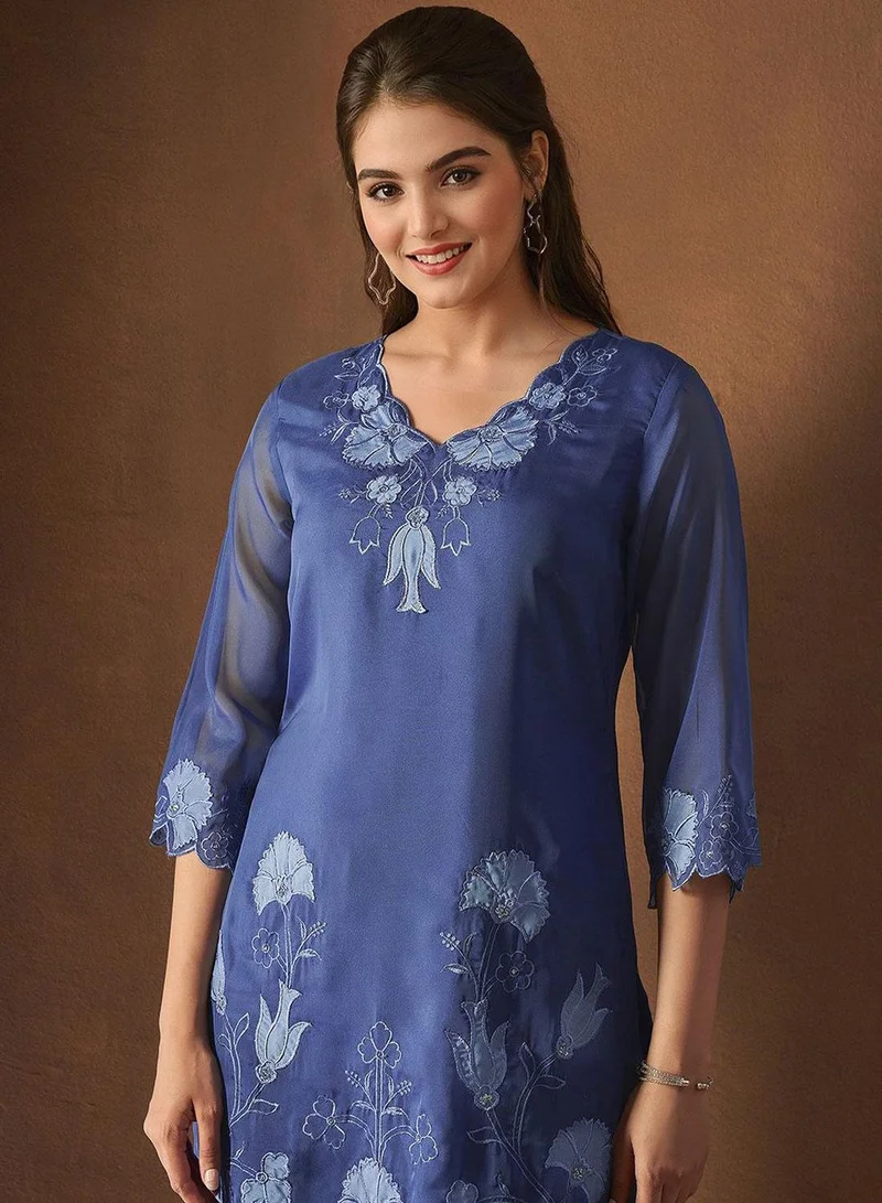 ISHIN Women's Blue Organza Printed Tunic Full Length Casual Straight Fit Kurta Set