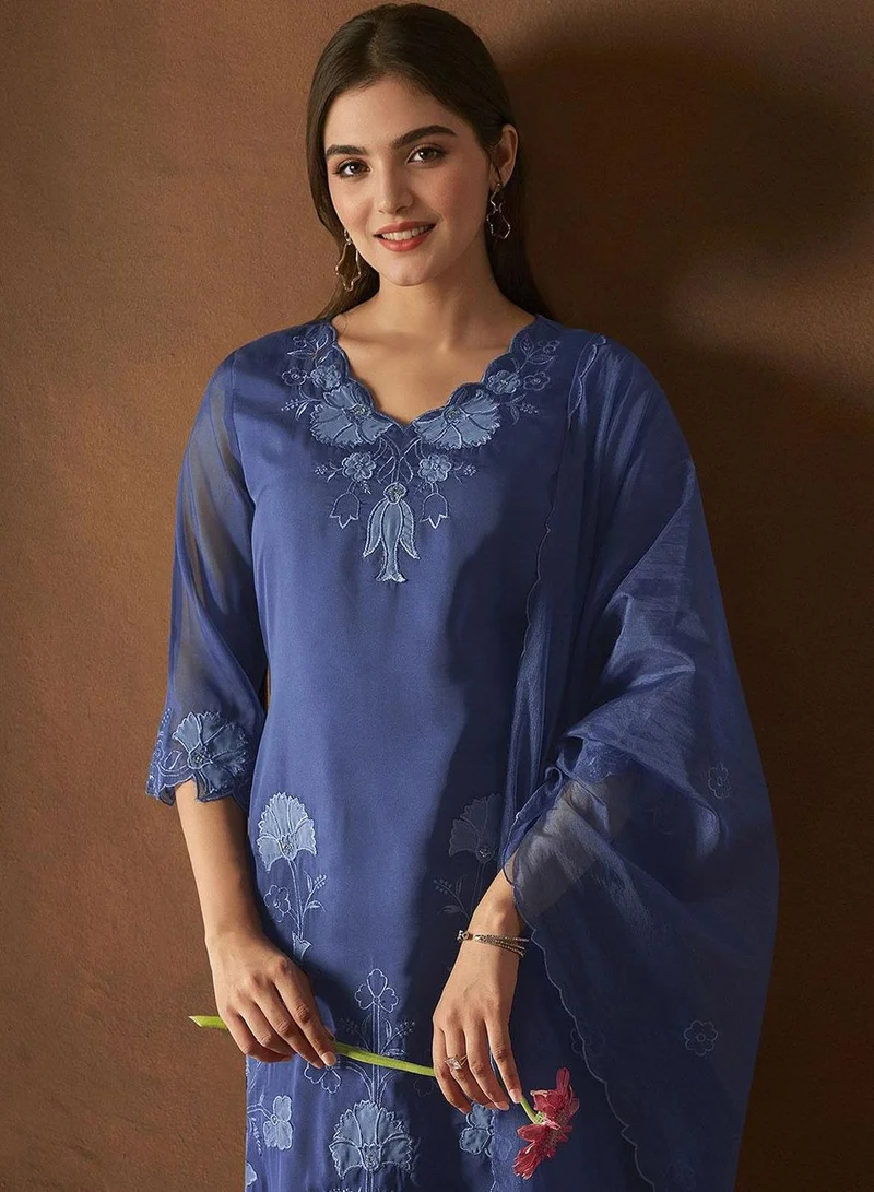 ISHIN Women's Blue Organza Printed Tunic Full Length Casual Straight Fit Kurta Set