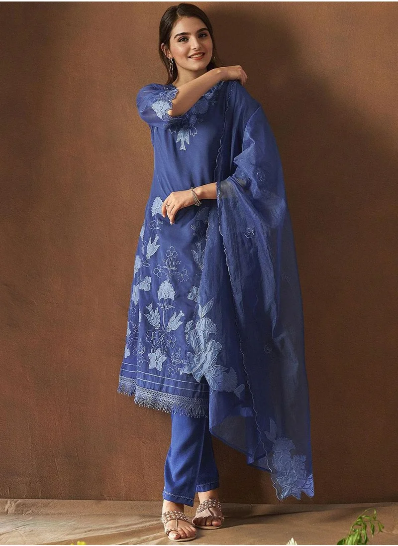 آي شين Women's Blue Organza Printed Tunic Full Length Casual Straight Fit Kurta Set