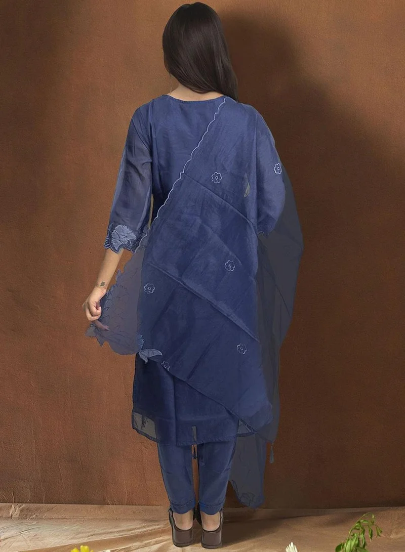 ISHIN Women's Blue Organza Printed Tunic Full Length Casual Straight Fit Kurta Set