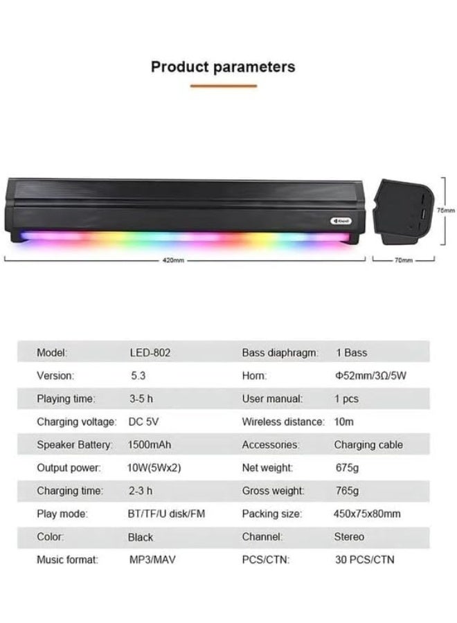 Kisonli مكبر صوت LED-802 RGB، 5 واط خرج صوت، 5 ساعات بطارية، شحن نوع-C - أسود - Image 3