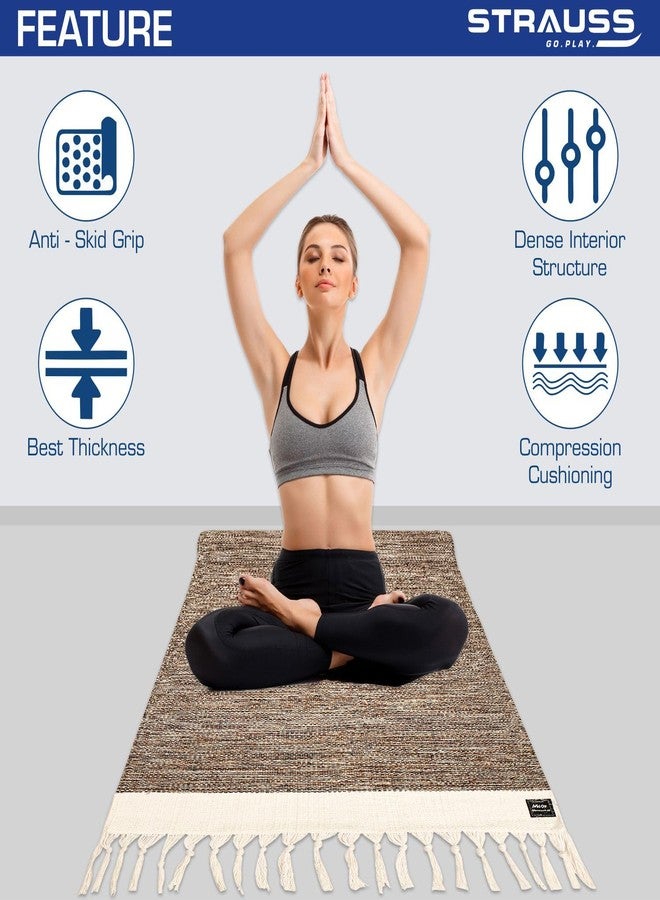 STRAUSS: Cotton Yoga Mat with Carry Bag For Women and Men | Exercise mat for home workout, Anti Slip Fitness mat | Washable, Breathable, Sweat Absorbent & Eco-friendly material - 2X6ft, Brown - Image 3