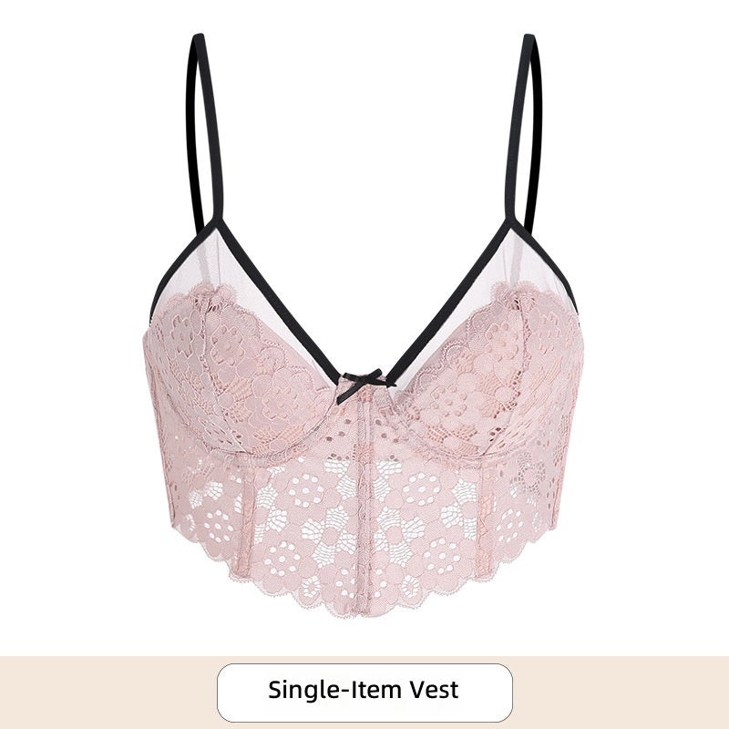 Elegant Underwear Women's Gathering Lace Small Cup Bra with Steel Ring, Lightweight Summer Breathable Bra Set
