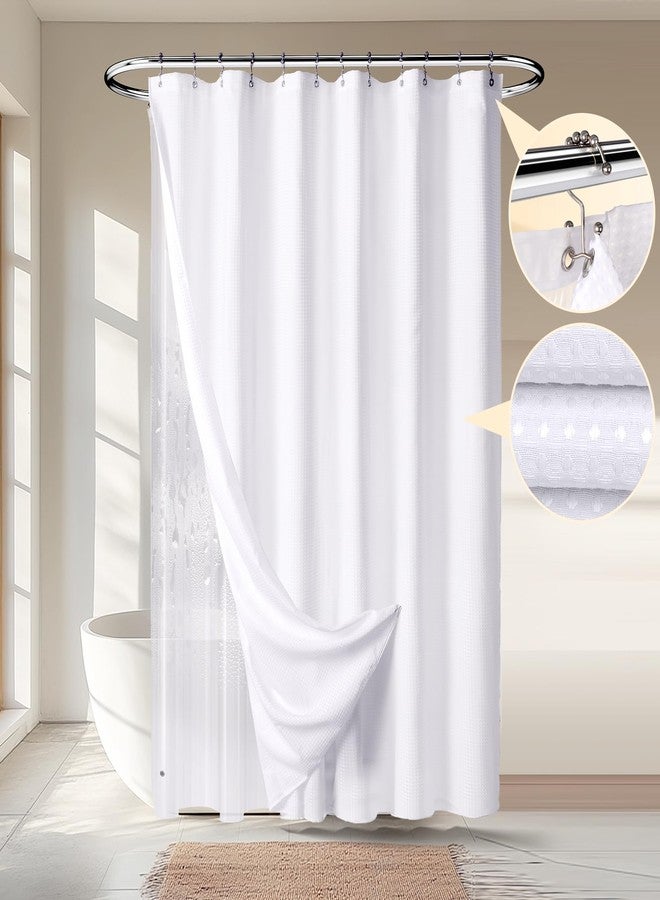 River Dream Waffle 3 in 1 Shower Curtain Set, White Fabric Shower Curtain and Clear Liner Set with Double Sided Hooks, Waterproof, 72" W*72" H - Image 1