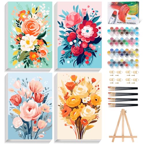 Offito 4 Pack Framed Paint by Numbers Kit for Adults Beginners with Wooden Easel, Flowers Easy Paint by Number Kit with Frame, Watercolor Adult Paint by Number Framed Canvas (8 * 12 Inch) - Image 1