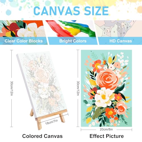 Offito 4 Pack Framed Paint by Numbers Kit for Adults Beginners with Wooden Easel, Flowers Easy Paint by Number Kit with Frame, Watercolor Adult Paint by Number Framed Canvas (8 * 12 Inch) - Image 3