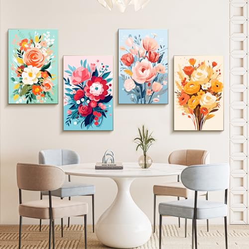 Offito 4 Pack Framed Paint by Numbers Kit for Adults Beginners with Wooden Easel, Flowers Easy Paint by Number Kit with Frame, Watercolor Adult Paint by Number Framed Canvas (8 * 12 Inch) - Image 2
