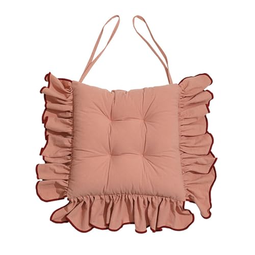 Huierxun Cotton Ruffles Chair Cushion for Dining Chairs Soft Comfortable Chair Pads with Ties Farmhouse Country Seat Cushion for Kitchen Chairs Office Chairs (Pink,16"x16") - Image 1