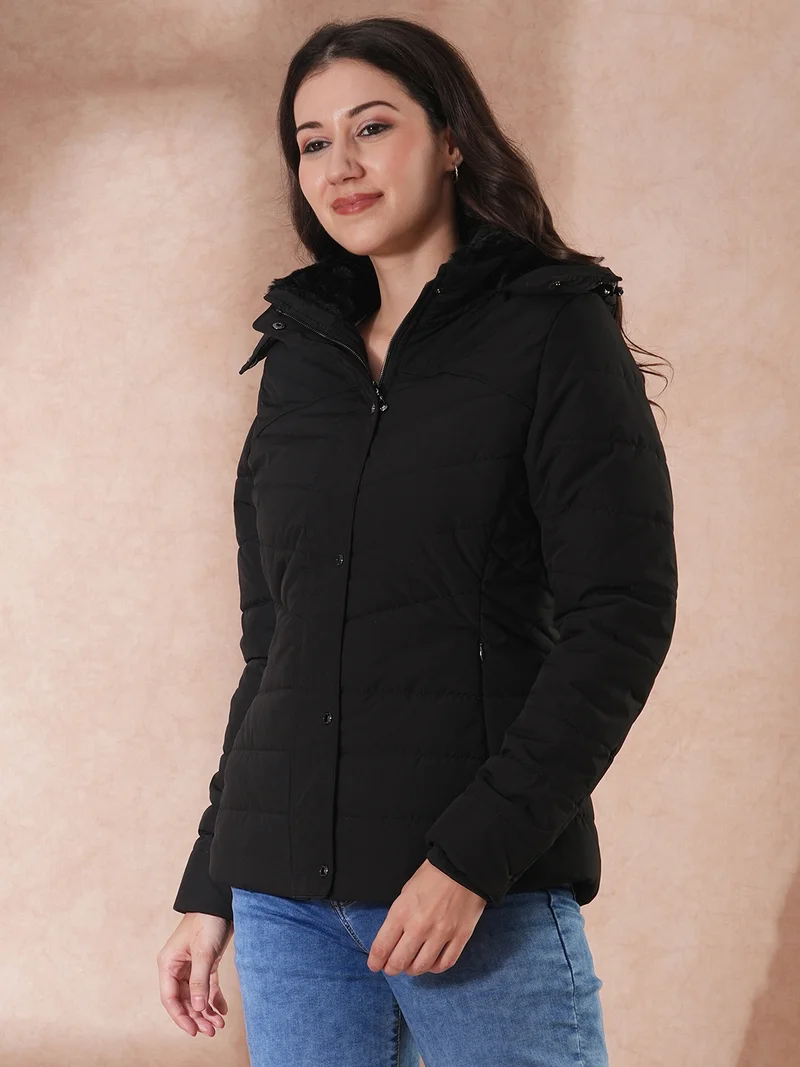 جلو باص Women Hooded Solid Casual Puffer Jacket