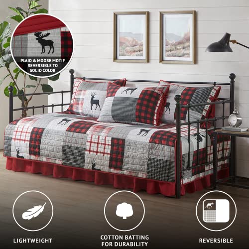 Woolrich John Rich & Bros. Woolrich Daybed Cover Set - Cabin Lifestyle, Patchwork with Moose Design All Season, Lightweight and Breathable Cozy Bedding Layer with Bedskirt, Matching Shams, 39" W x 75" L, Woodshed Red 5 Piece - Image 3