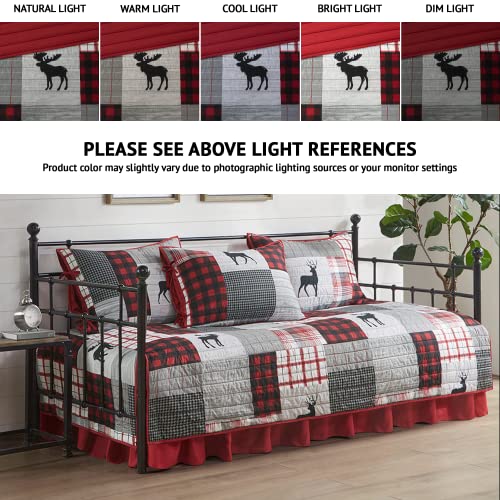 Woolrich John Rich & Bros. Woolrich Daybed Cover Set - Cabin Lifestyle, Patchwork with Moose Design All Season, Lightweight and Breathable Cozy Bedding Layer with Bedskirt, Matching Shams, 39" W x 75" L, Woodshed Red 5 Piece - Image 2