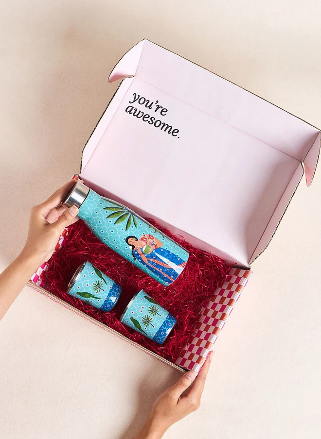 Chumbak  Lady Chettiar Drinkware Gift Set - Set of 3, 750ml Bottle, 200ml Tumblers  | Best Price UAE
