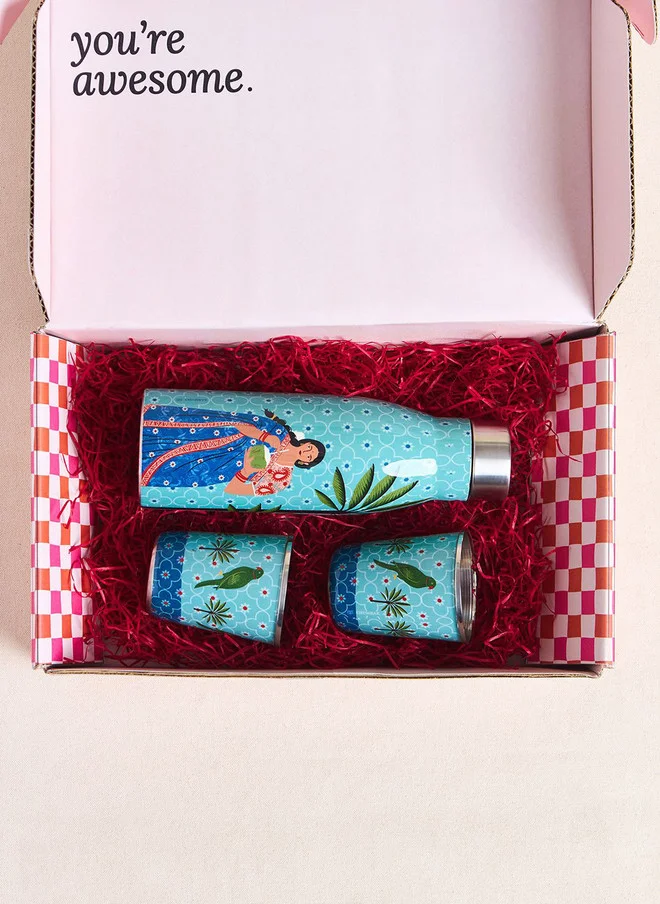 Chumbak  Lady Chettiar Drinkware Gift Set - Set of 3, 750ml Bottle, 200ml Tumblers  | Best Price UAE