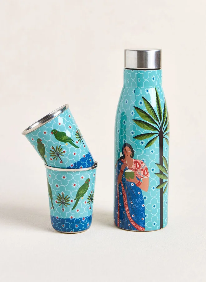 تشومباك Lady Chettiar Drinkware Gift Set - Set of 3, 750ml Bottle, 200ml Tumblers