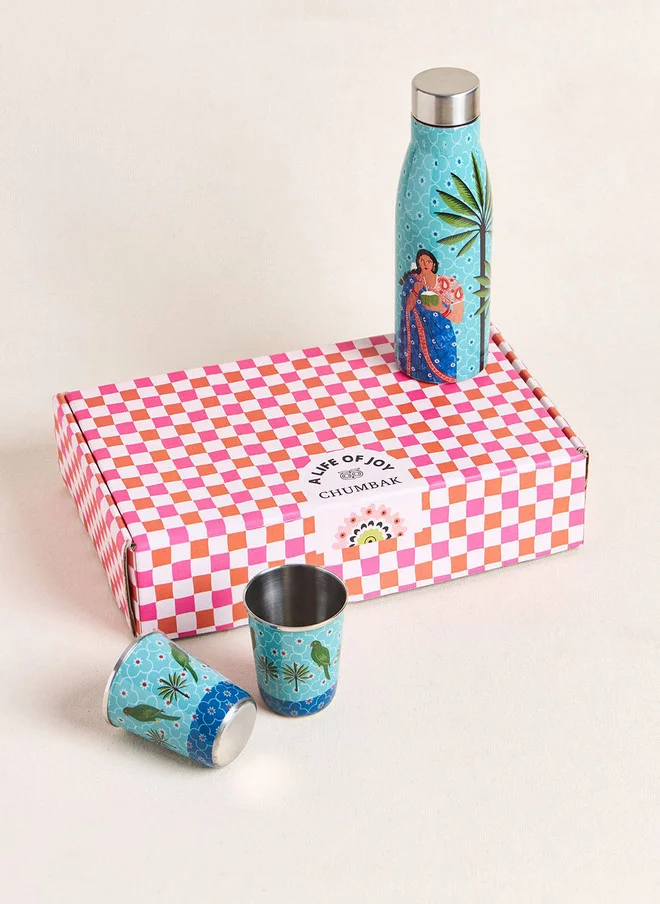 تشومباك Lady Chettiar Drinkware Gift Set - Set of 3, 750ml Bottle, 200ml Tumblers