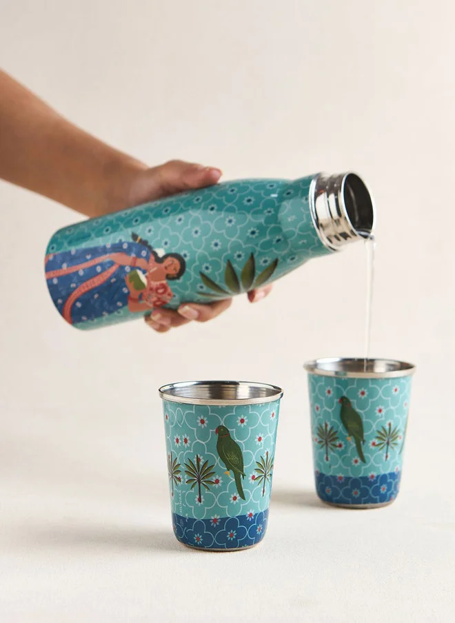 Chumbak  Lady Chettiar Drinkware Gift Set - Set of 3, 750ml Bottle, 200ml Tumblers  | Best Price UAE