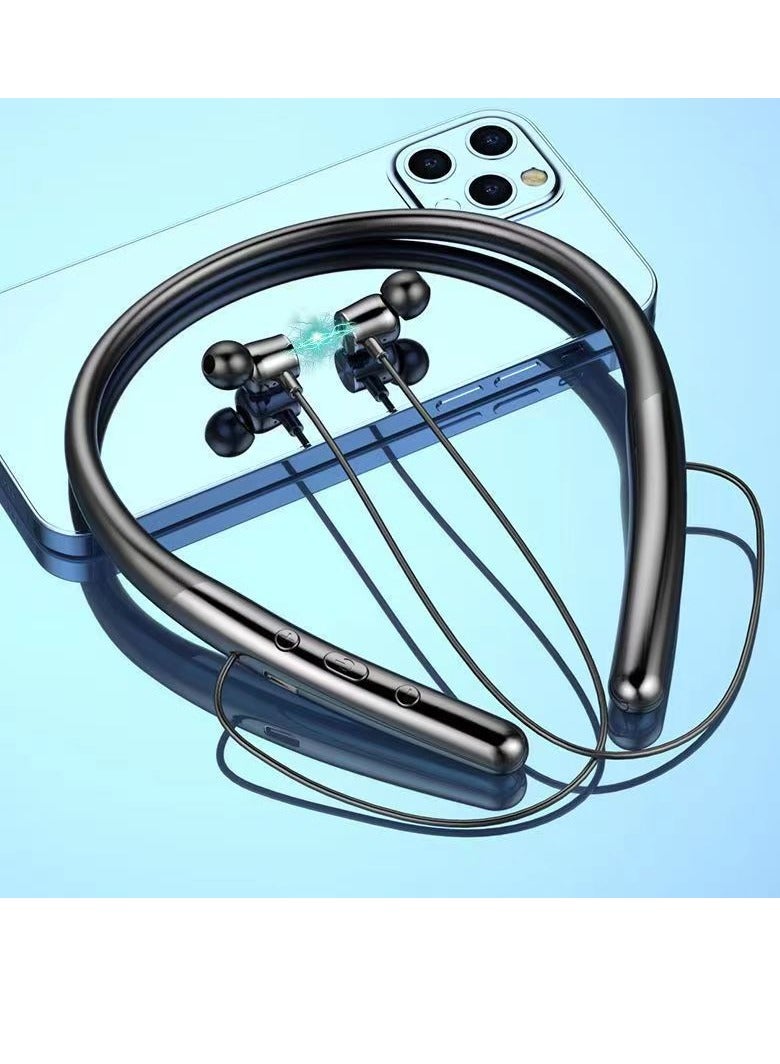 سماعة بلوتوث جديدة معلقة على الرقبة، عمر بطارية طويل جدًا، سماعة بلوتوث رياضية لاسلكية معلقة على الرقبة، لون أسود - Image 4