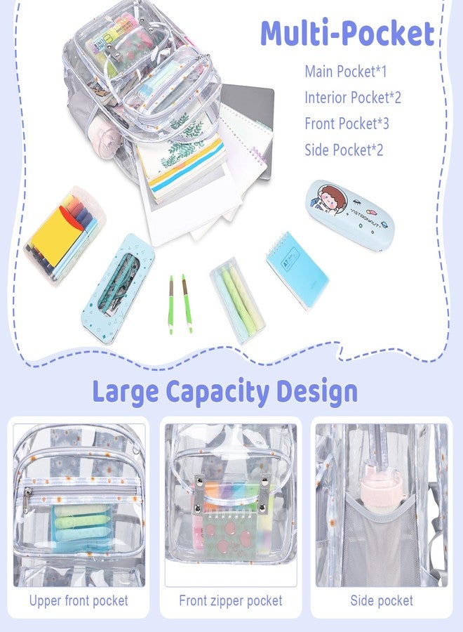 ACESAK Clear Backpack for Girls - 3 Pcs Daisy Clear Backpack Heavy Duty with Lunch Bag - See Through Backpack Clear Bookbag Stadium Approved for Kids Middle High College School Sport Travel - Image 3