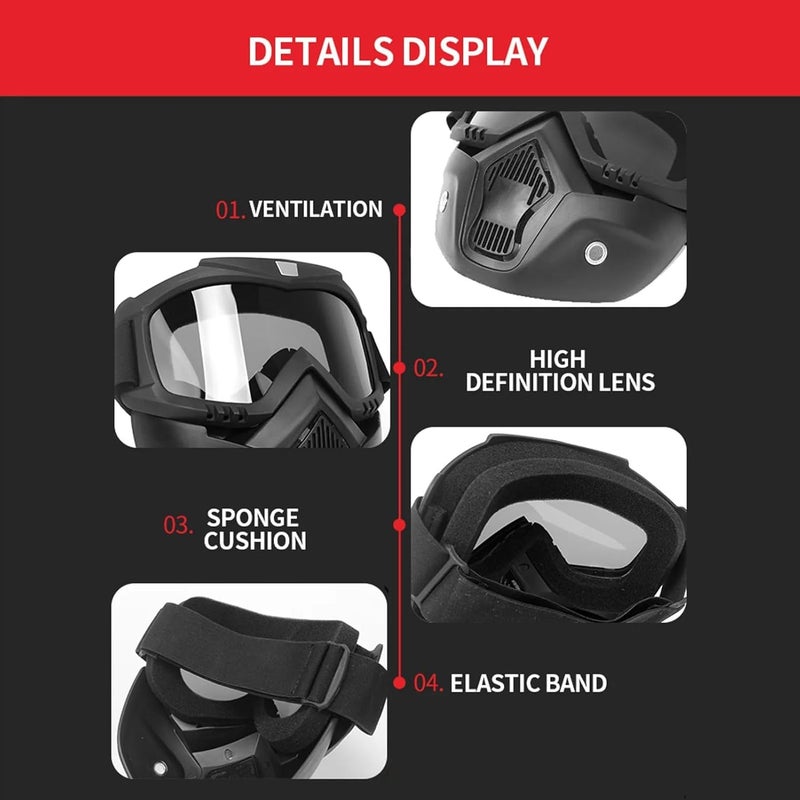 Sounce TPU Goggle Mask Anti Scratch UV Protective Open Face & Eyewear Windproof Dirt Shield Adjustable Strap Soft Foam Padded Detachable for Cycling Bike Off Road Racing Riding Unisex (Transparent) - Image 5