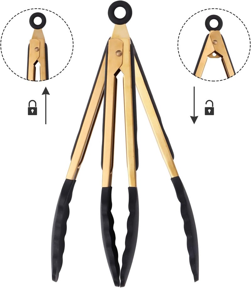 Mafier Stainless Steel Classic Kitchen Serving Food Party Gold Tongs 9" and 12" Cooking Tong with BPA Free Silicone Tips, Dishwasher Safe Serving Tools(set of 2) - Image 1