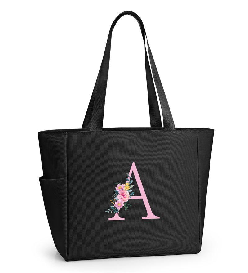 KALIDI Personalized Beach Tote Bag, Initial Alphabet Gift Zipper Grocery Bag for Mom Teacher Friend Wedding Daily Shopping, A - Image 1