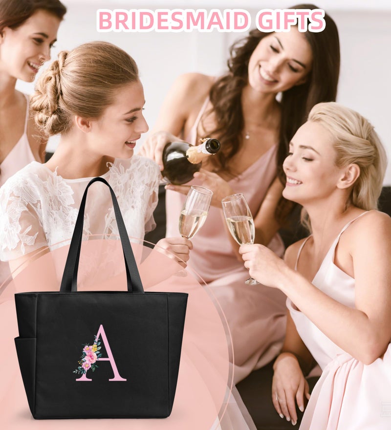 KALIDI Personalized Beach Tote Bag, Initial Alphabet Gift Zipper Grocery Bag for Mom Teacher Friend Wedding Daily Shopping, A - Image 2