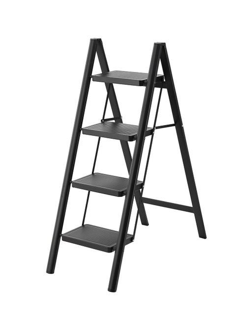 4-Step Folding Ladder - Portable and Lightweight Step Stool with Wide Anti-Slip Pedals, Space-Saving Design, Support Rod Structure, and Noise-Free Feet - for Indoor and Outdoor Use