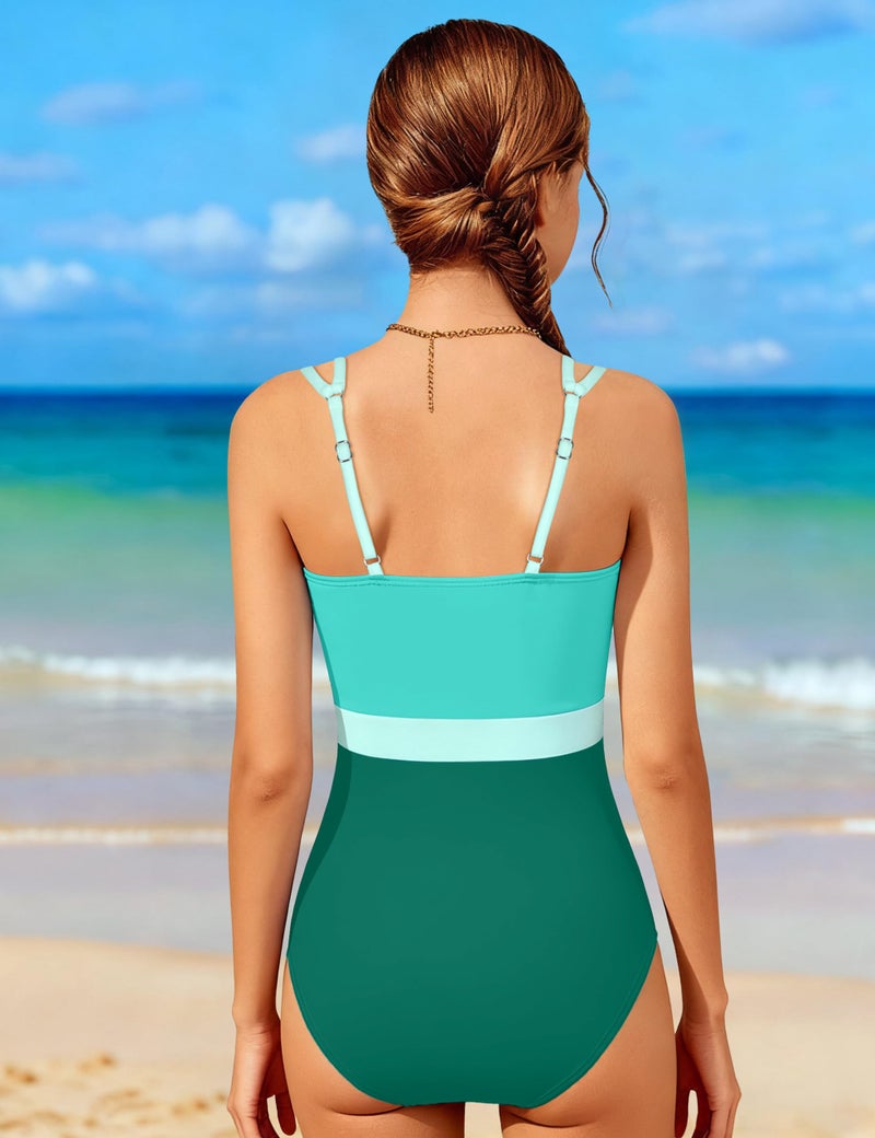 Qaoerde Girls Swimsuit Teen Swimsuits for Girls 12-14 Color Block One Piece Swimsuits Waist Cutout Bathing Suit Double Thin Shoulder Straps Swimwear Green 13-14Y - Image 3