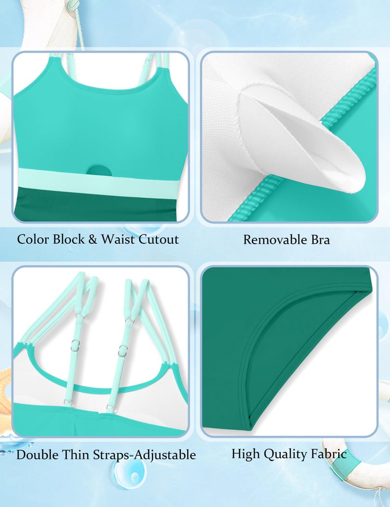 Qaoerde Girls Swimsuit Teen Swimsuits for Girls 12-14 Color Block One Piece Swimsuits Waist Cutout Bathing Suit Double Thin Shoulder Straps Swimwear Green 13-14Y - Image 5