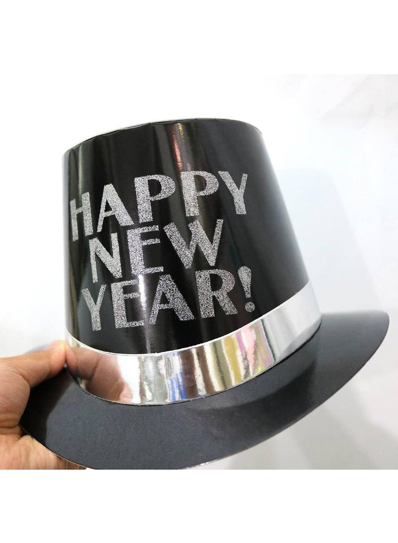 ThePartyPopper 1 Pc Happy New Year Party Hat for Adults & Kids – Black & Silver New Year’s Eve Hat, NYE Celebration Accessory | Festive Party Costume Decoration - Image 1