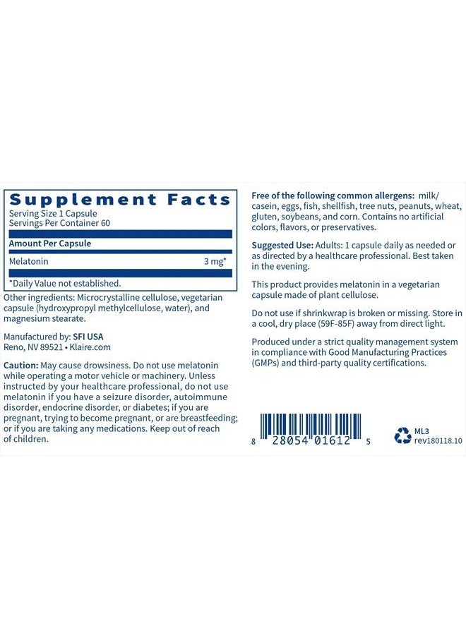 Melatonin 3 Milligrams - Sleep Support for Men & Women (60 Vegetarian Capsules)