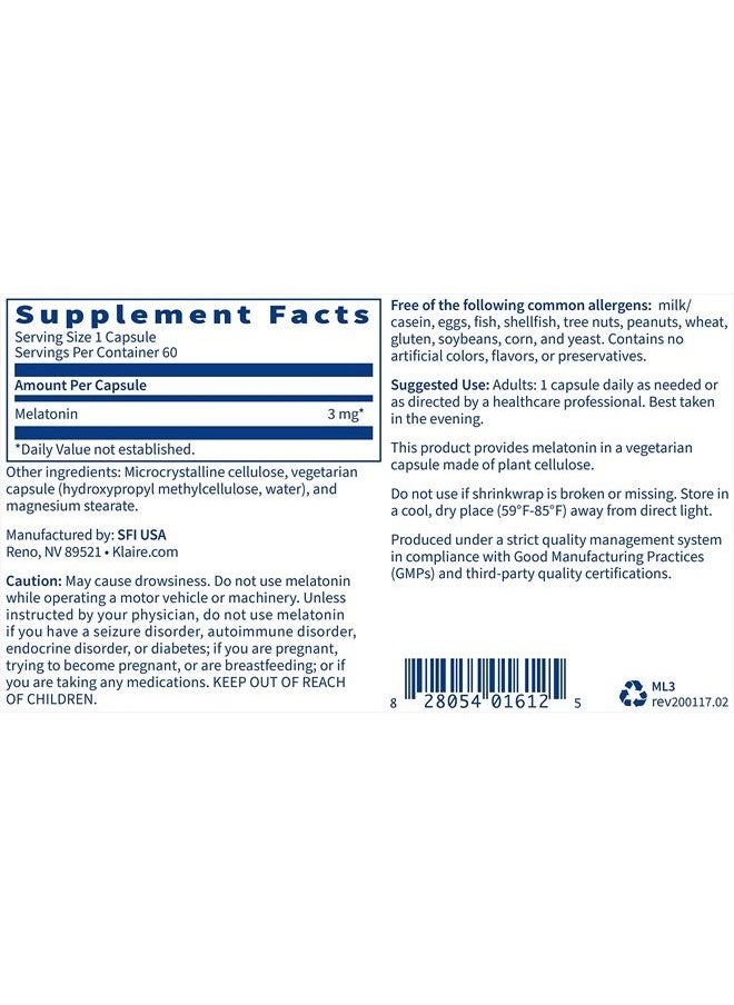 Melatonin 3 Milligrams - Sleep Support for Men & Women (60 Vegetarian Capsules)