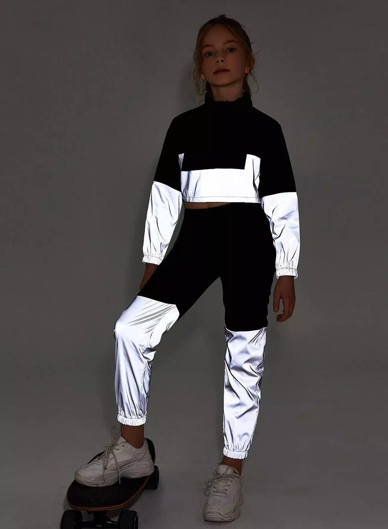 Girls Zipper Front Reflective Wind Jacket & Joggers Set  - Image 1
