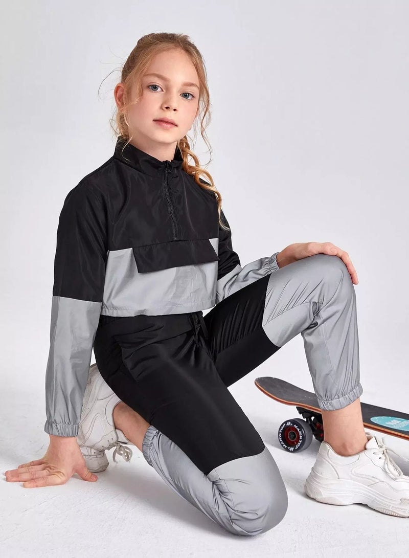 Girls Zipper Front Reflective Wind Jacket & Joggers Set  - Image 4