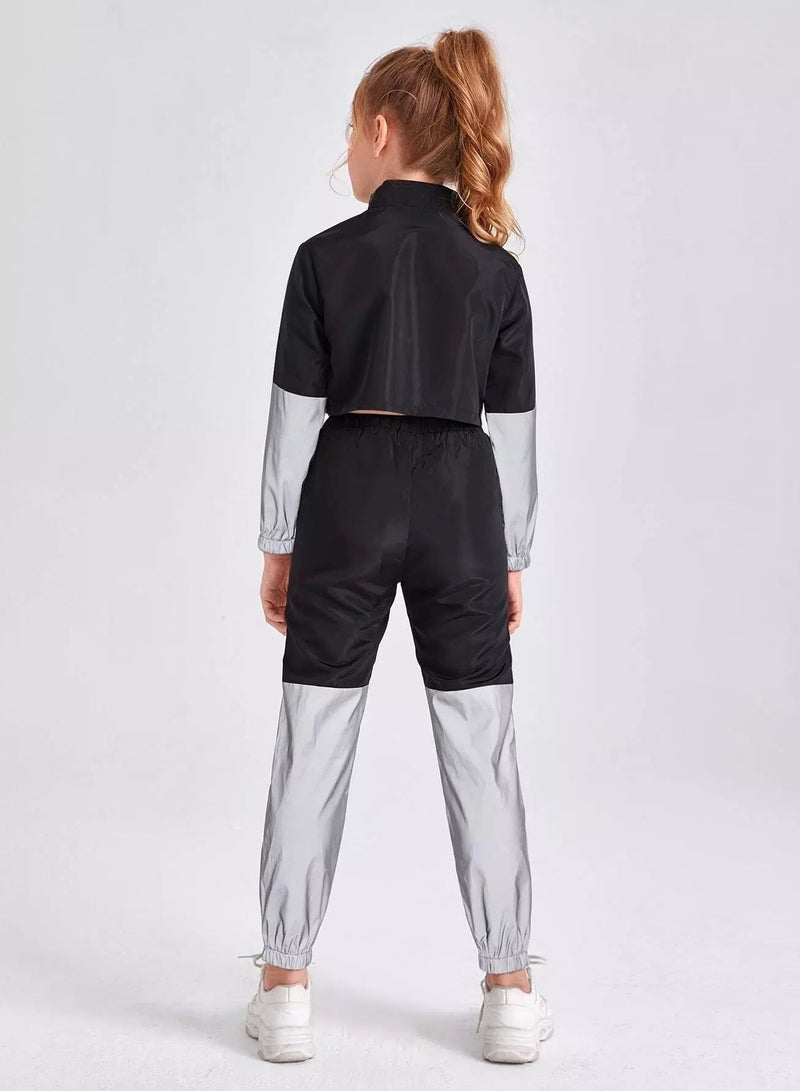 Girls Zipper Front Reflective Wind Jacket & Joggers Set  - Image 2