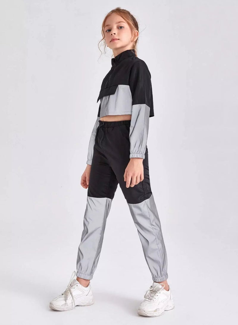 Girls Zipper Front Reflective Wind Jacket & Joggers Set  - Image 3