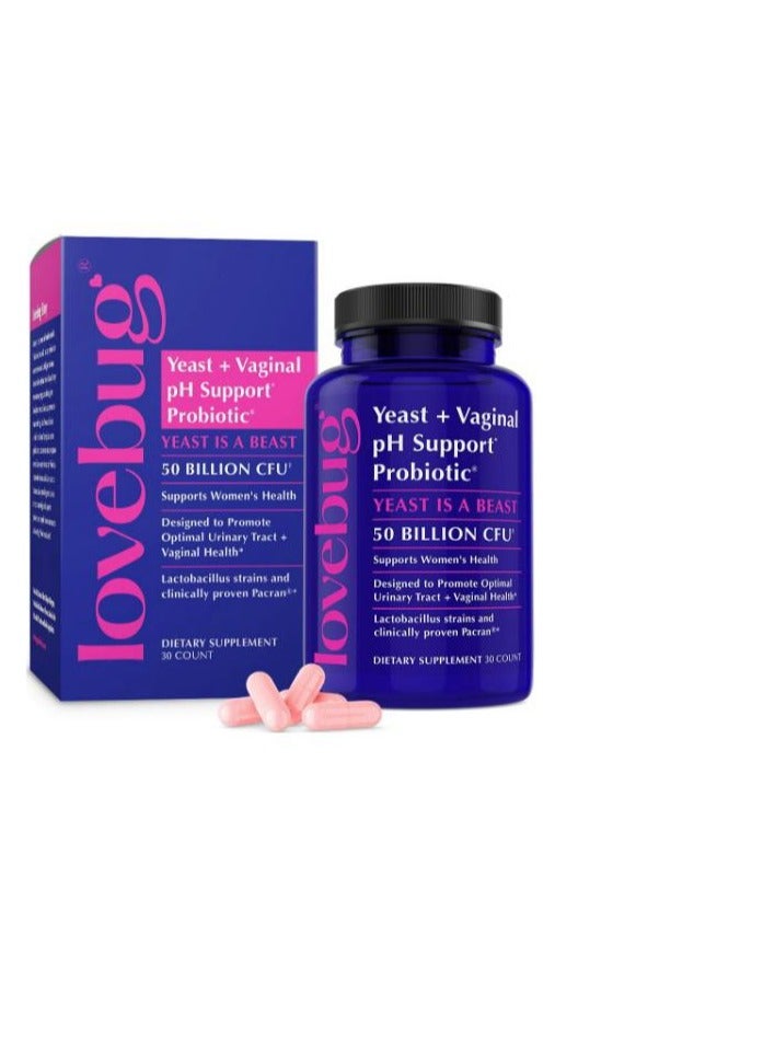 لوف باج بروبيوتيك روبيوتيك لدعم الخميرة + درجة الحموضة المهبلية ، 50 مليار وحدة تشكيل مستعمرة ، 30 وحدة
