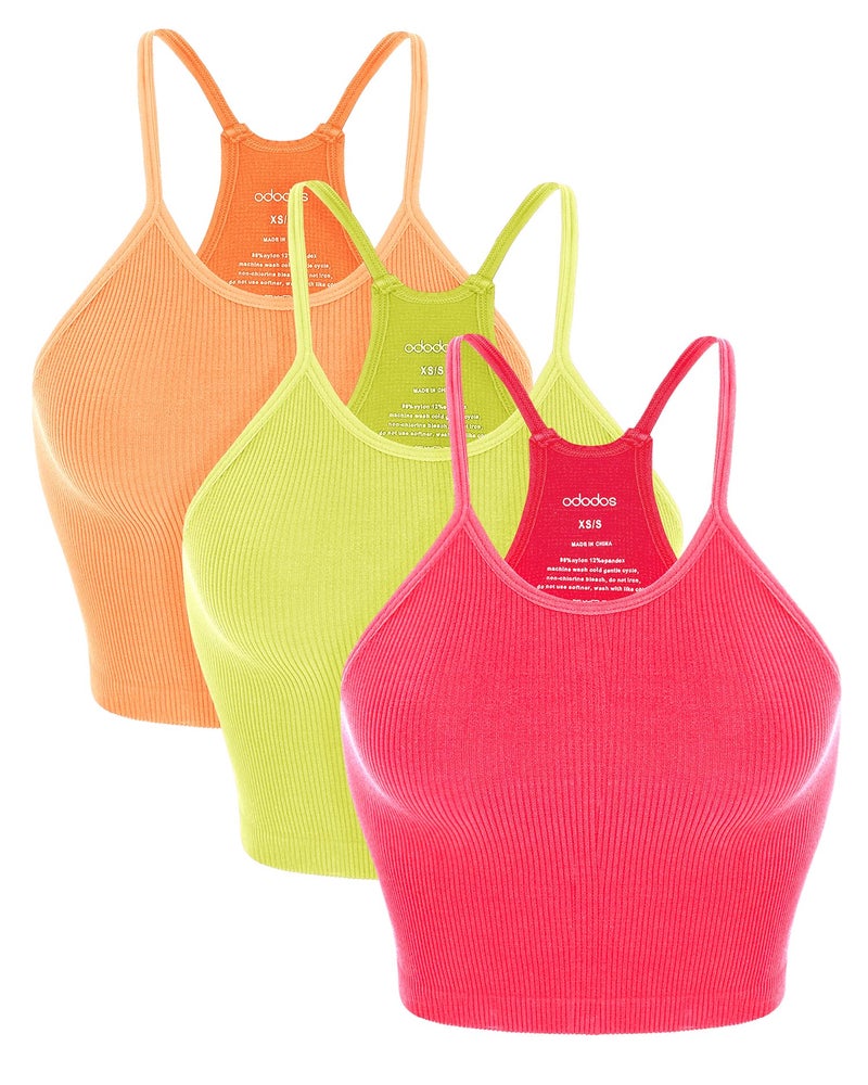 ODODOS Women's Crop 3-Pack Seamless Rib-Knit Camisole Crop Tank Tops, Neon Pink Green Orange, Medium/Large - Image 1