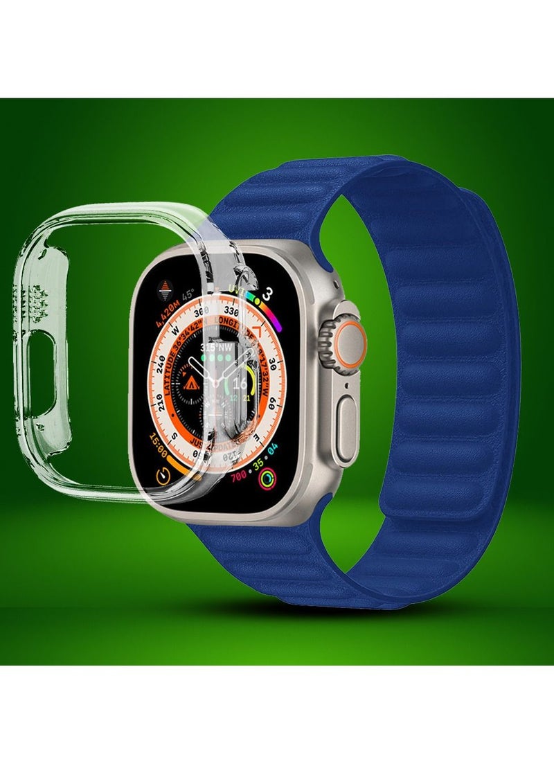 CATANES - 2 Packs For Apple Watch Band 49mm Leather Link Strap Magnetic Loop Bracelet and Clear Case Holder Dark Blue - Image 1