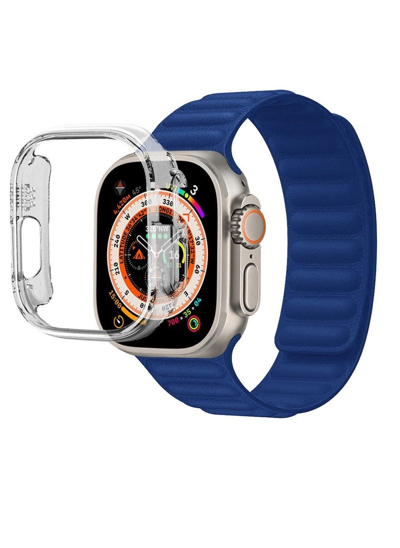 CATANES - 2 Packs For Apple Watch Band 49mm Leather Link Strap Magnetic Loop Bracelet and Clear Case Holder Dark Blue - Image 1