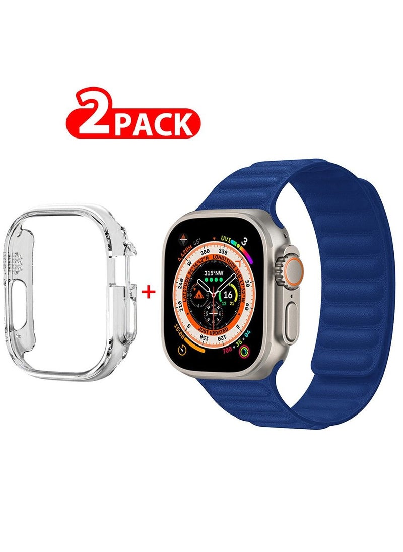 CATANES - 2 Packs For Apple Watch Band 49mm Leather Link Strap Magnetic Loop Bracelet and Clear Case Holder Dark Blue - Image 1