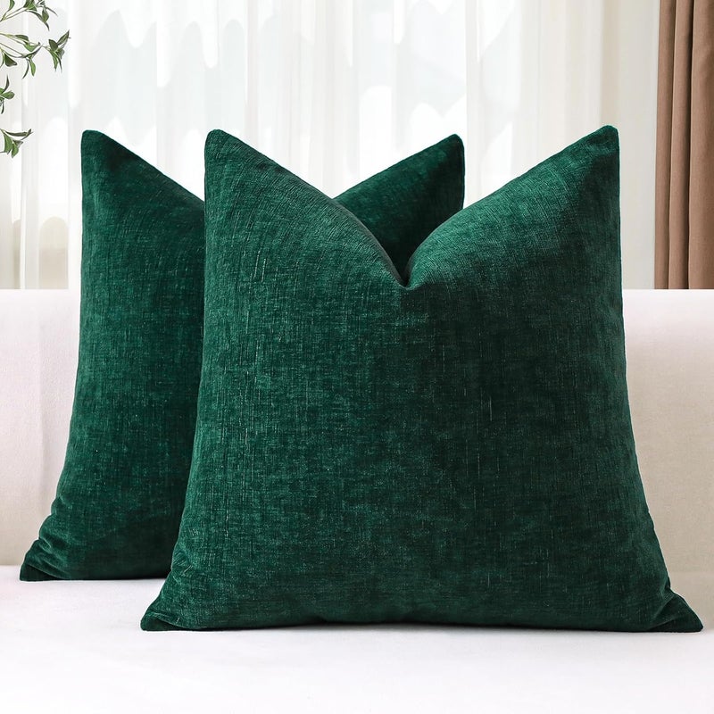 JOTOM Set of 2 Cushion Covers 50x50 cm Soft Chenille Dark Green Decorative Throw Pillow Covers 20x20 Inch Square Cushion Case Solid Pillowcases for Couch Sofa Living Room Bed Home Decor (Dark Green) - Image 1