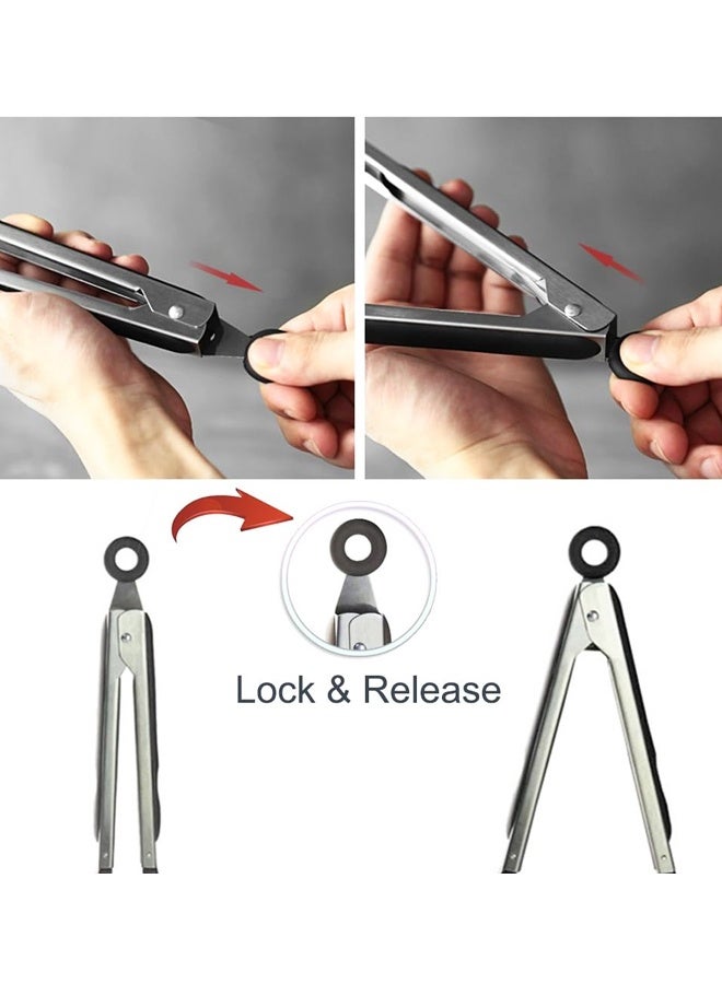 2PCS Cooking Tongs 9 inches Stainless Steel Kitchen Silicone Serving Tong Heat Resistant Meat Turner Spatula Tongs with Locking Handle Joint - Image 3
